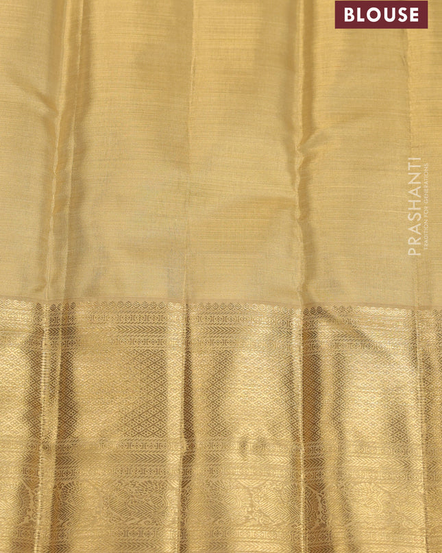 Pure kanchipuram silk saree gold and sandal with allover zari woven brocade weaves and zari woven korvai border