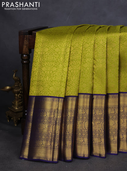 Pure kanchipuram silk saree lime green and navy blue with allover zari woven brocade weaves and long zari woven border