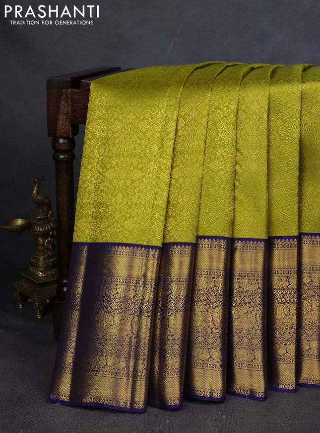 Pure kanchipuram silk saree lime green and navy blue with allover zari woven brocade weaves and long zari woven border