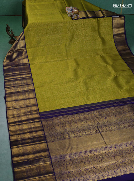 Pure kanchipuram silk saree lime green and navy blue with allover zari woven brocade weaves and long zari woven border