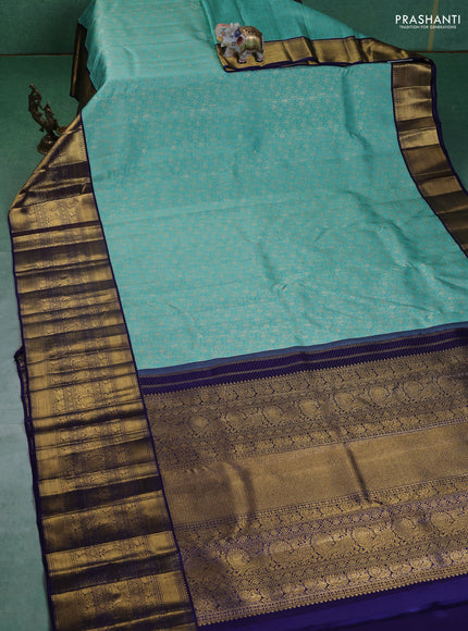 Pure kanchipuram silk saree teal blue and navy blue with allover zari woven brocade weaves and long zari woven border