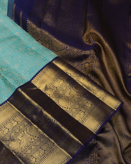 Pure kanchipuram silk saree teal blue and navy blue with allover zari woven brocade weaves and long zari woven border