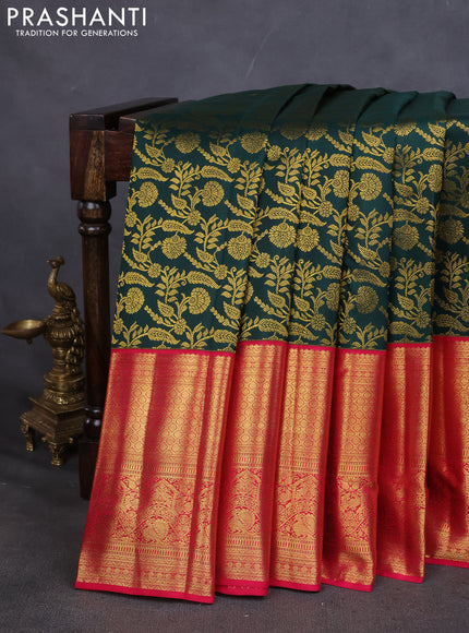 Pure kanchipuram silk saree dark green and pink with allover zari woven brocade weaves and long zari woven border