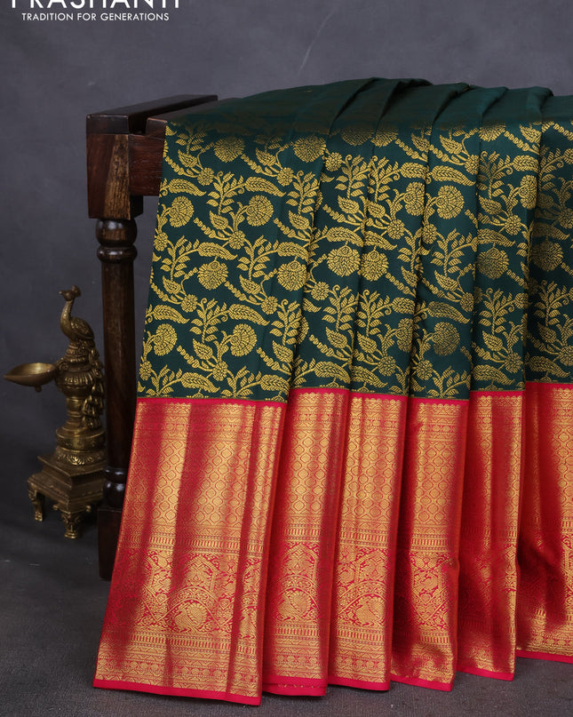 Pure kanchipuram silk saree dark green and pink with allover zari woven brocade weaves and long zari woven border