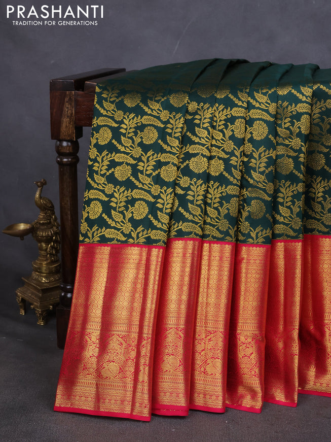 Pure kanchipuram silk saree dark green and pink with allover zari woven brocade weaves and long zari woven border