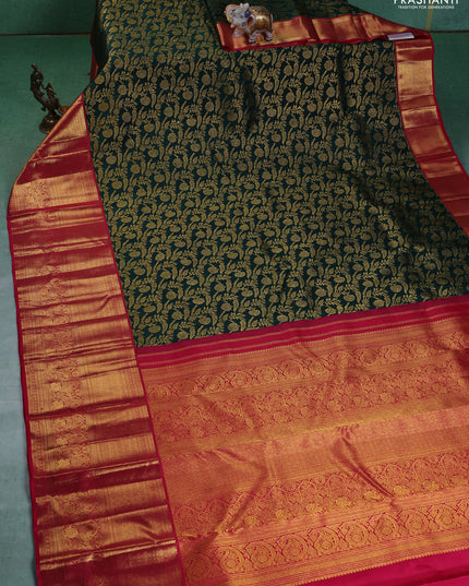 Pure kanchipuram silk saree dark green and pink with allover zari woven brocade weaves and long zari woven border
