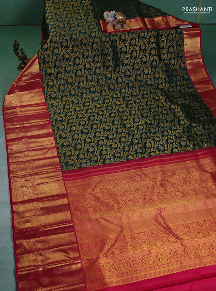 Pure kanchipuram silk saree dark green and pink with allover zari woven brocade weaves and long zari woven border