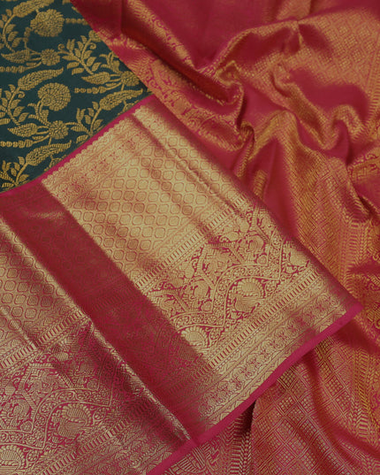 Pure kanchipuram silk saree dark green and pink with allover zari woven brocade weaves and long zari woven border