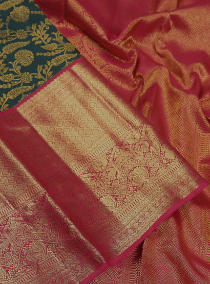 Pure kanchipuram silk saree dark green and pink with allover zari woven brocade weaves and long zari woven border