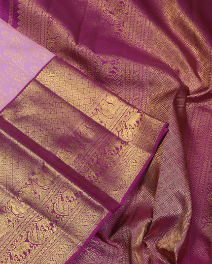 Pure kanchipuram silk saree lavender and purple with allover zari woven brocade weaves and long zari woven border