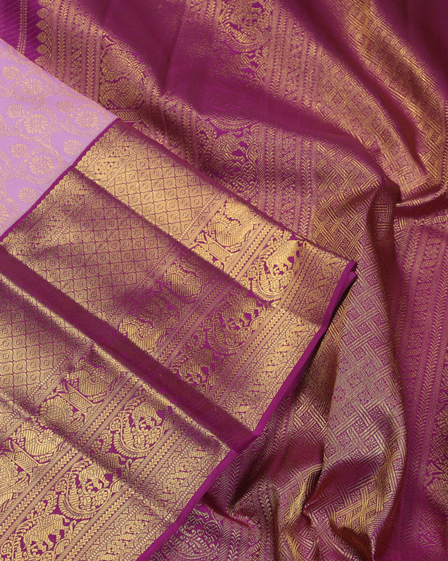 Pure kanchipuram silk saree lavender and purple with allover zari woven brocade weaves and long zari woven border