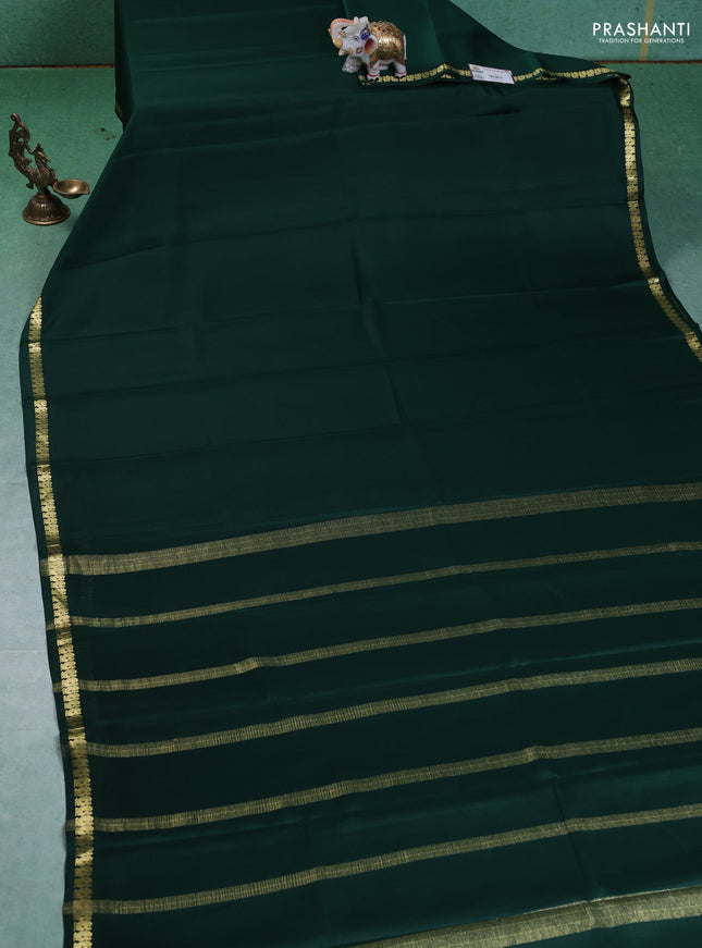 Pure mysore silk saree dark green with plain body and small zari woven border