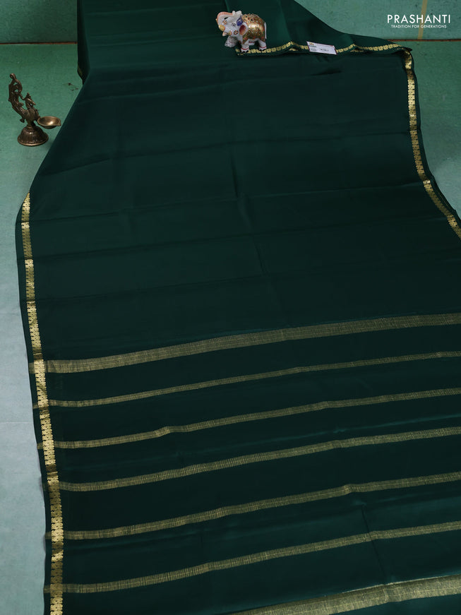Pure mysore silk saree dark green with plain body and small zari woven border