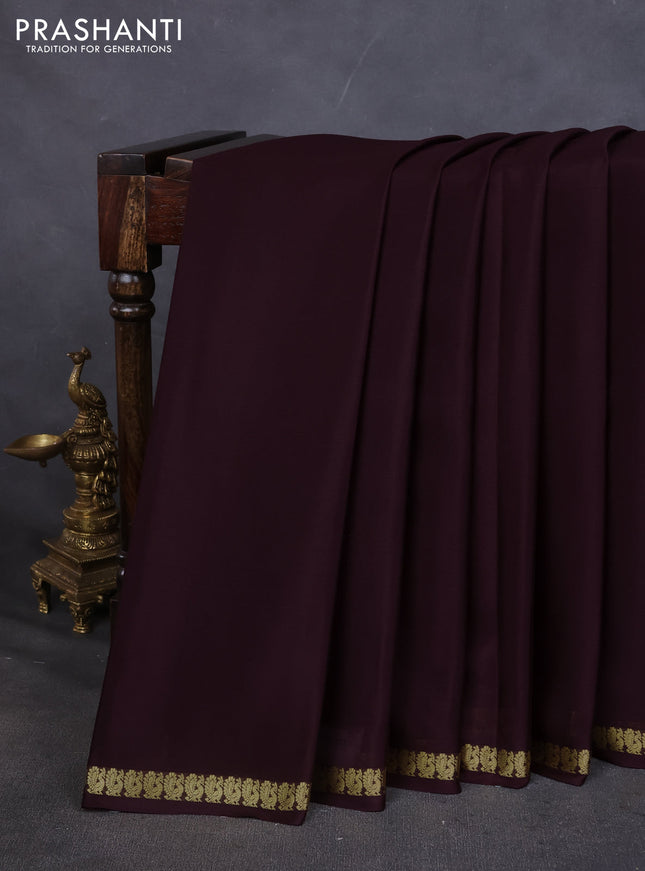 Pure mysore silk saree coffee brown with plain body and small zari woven border