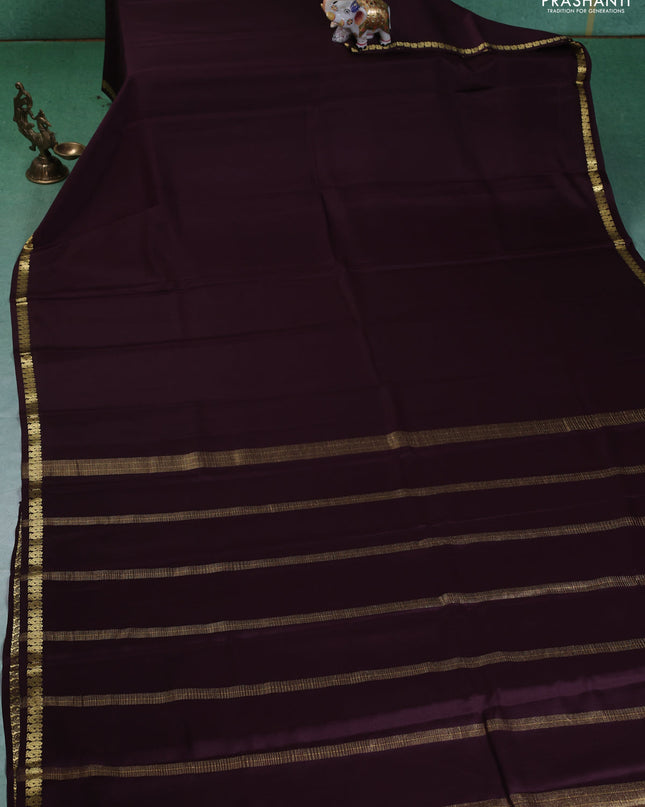 Pure mysore silk saree coffee brown with plain body and small zari woven border