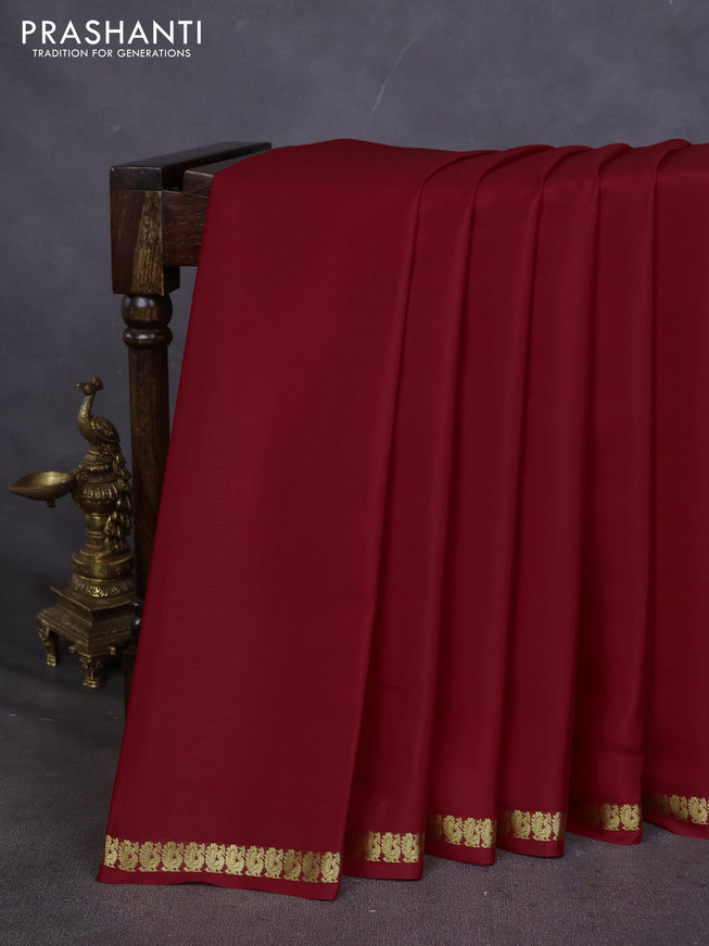 Pure mysore silk saree red with plain body and small zari woven border