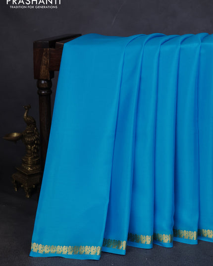 Pure mysore silk saree cs blue with plain body and small zari woven border