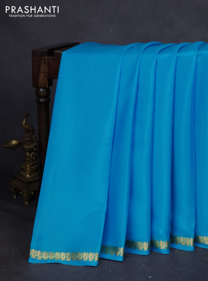 Pure mysore silk saree cs blue with plain body and small zari woven border