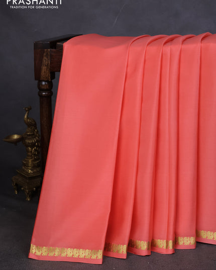 Pure mysore silk saree peach orange with plain body and small zari woven border