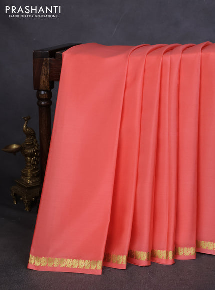 Pure mysore silk saree peach orange with plain body and small zari woven border