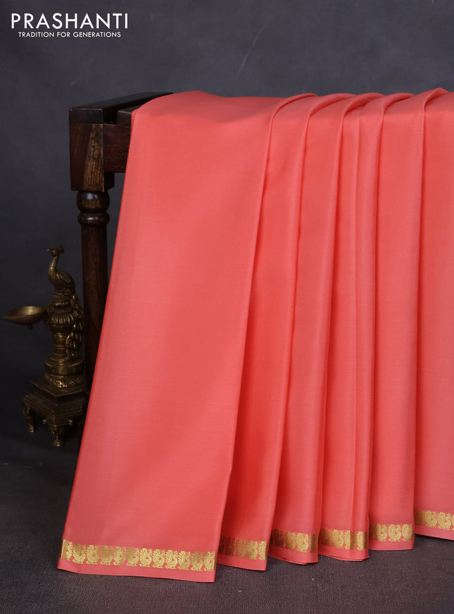 Pure mysore silk saree peach orange with plain body and small zari woven border
