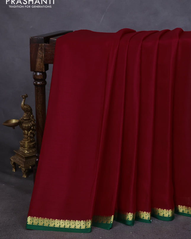 Pure mysore silk saree red and green with plain body and small zari woven border