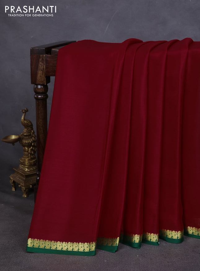 Pure mysore silk saree red and green with plain body and small zari woven border