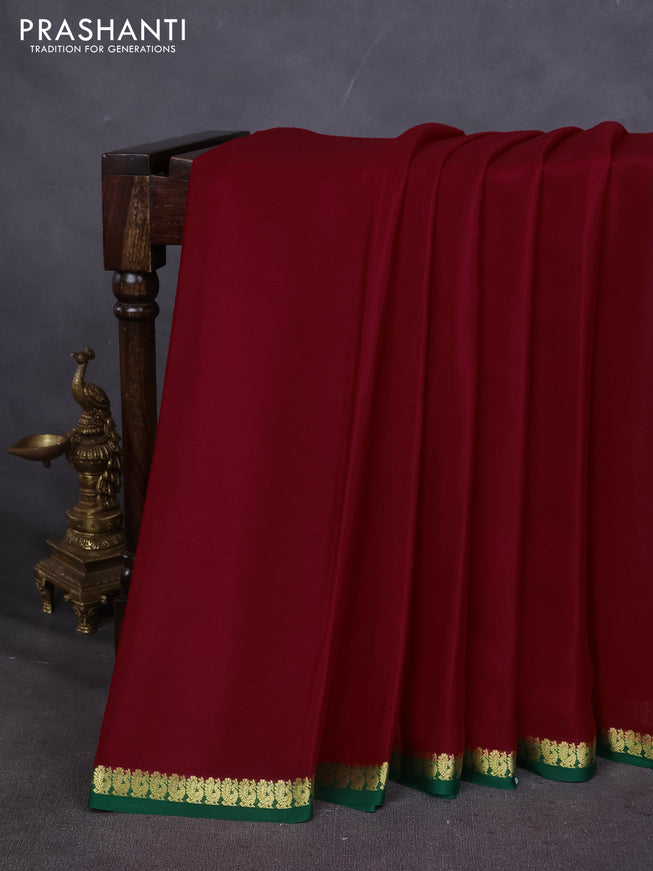 Pure mysore silk saree red and green with plain body and small zari woven border