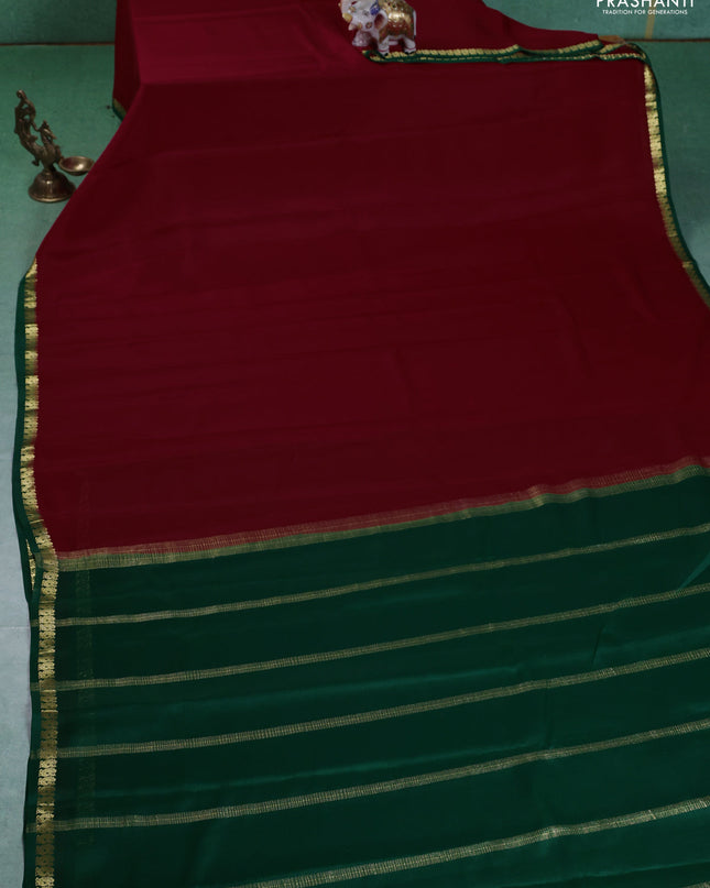Pure mysore silk saree red and green with plain body and small zari woven border