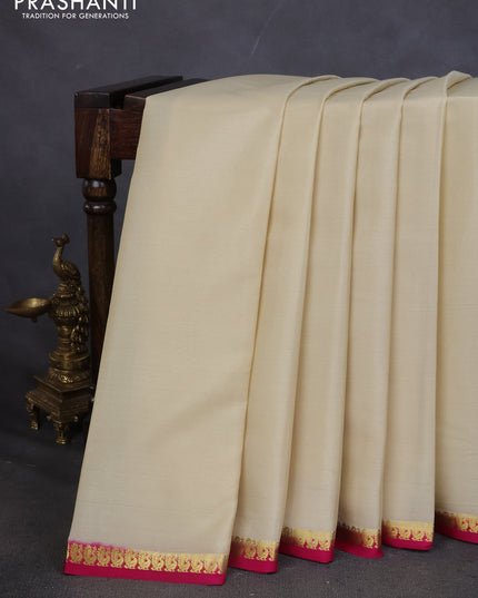 Pure mysore silk saree cream and pink with plain body and small zari woven border