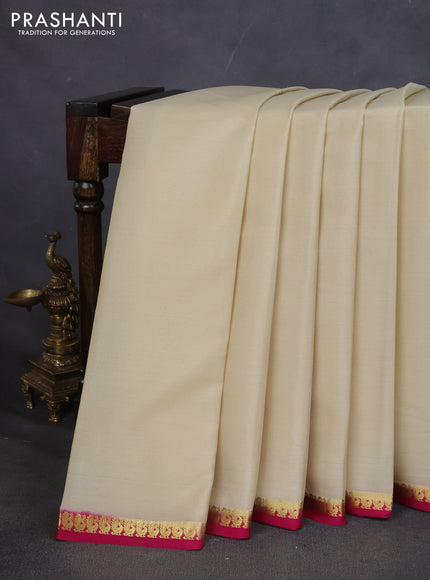 Pure mysore silk saree cream and pink with plain body and small zari woven border