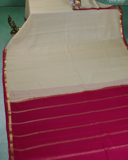 Pure mysore silk saree cream and pink with plain body and small zari woven border