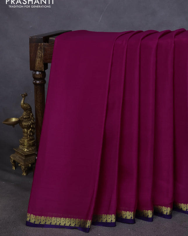 Pure mysore silk saree pink and blue with plain body and small zari woven border