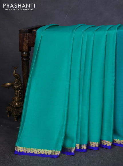 Pure mysore silk saree teal blue and blue with plain body and small zari woven border