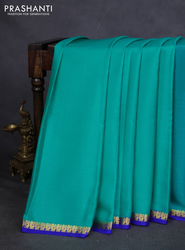 Pure mysore silk saree teal blue and blue with plain body and small zari woven border