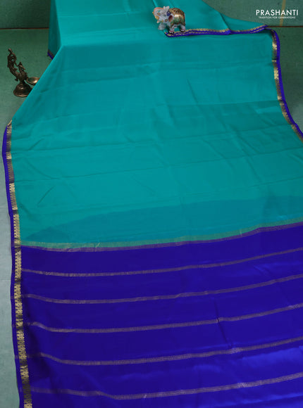 Pure mysore silk saree teal blue and blue with plain body and small zari woven border