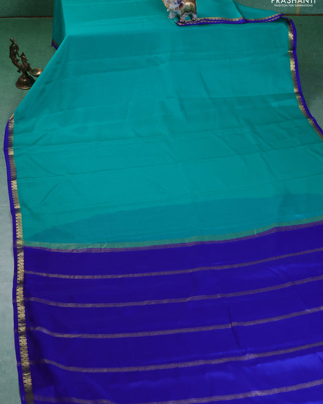 Pure mysore silk saree teal blue and blue with plain body and small zari woven border