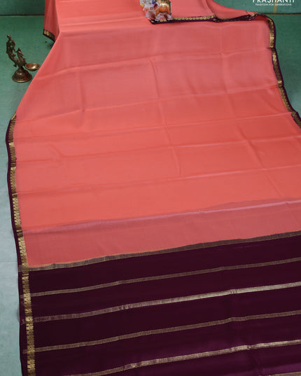 Pure mysore silk saree peach orange and wine shade with plain body and small zari woven border