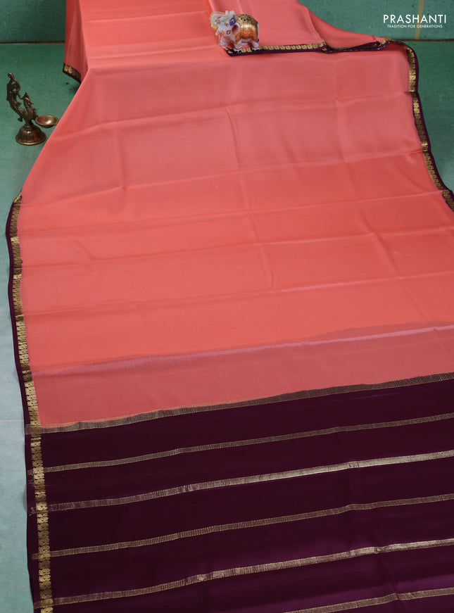 Pure mysore silk saree peach orange and wine shade with plain body and small zari woven border