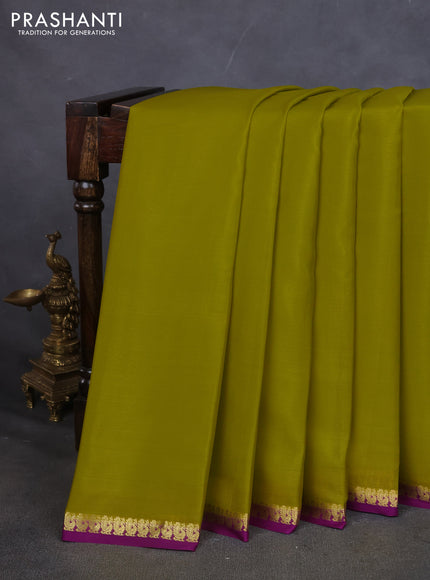 Pure mysore silk saree lime yellow and purple with plain body and small zari woven border