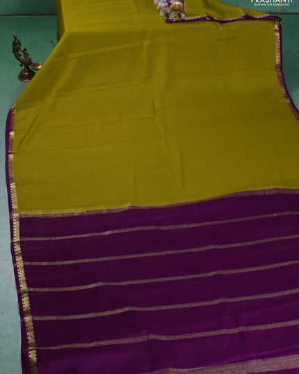 Pure mysore silk saree lime yellow and purple with plain body and small zari woven border