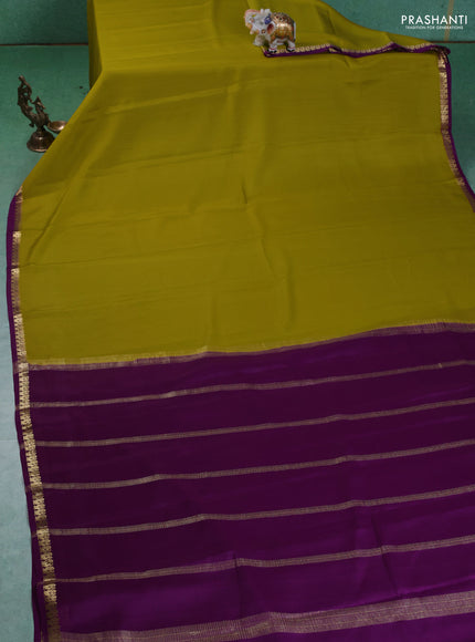 Pure mysore silk saree lime yellow and purple with plain body and small zari woven border