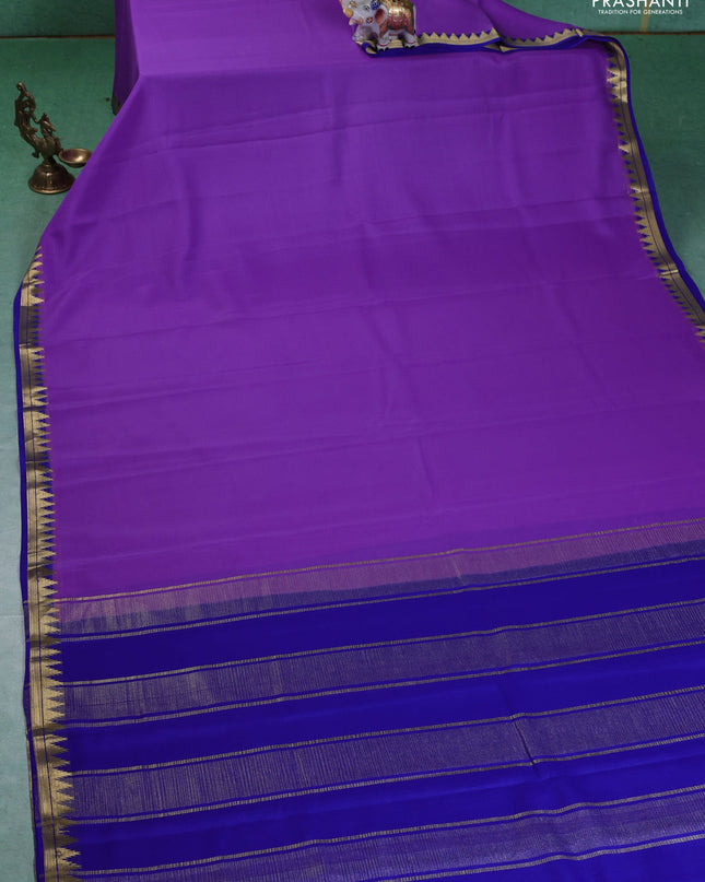 Pure mysore silk saree lavender and blue with plain body and small zari woven border