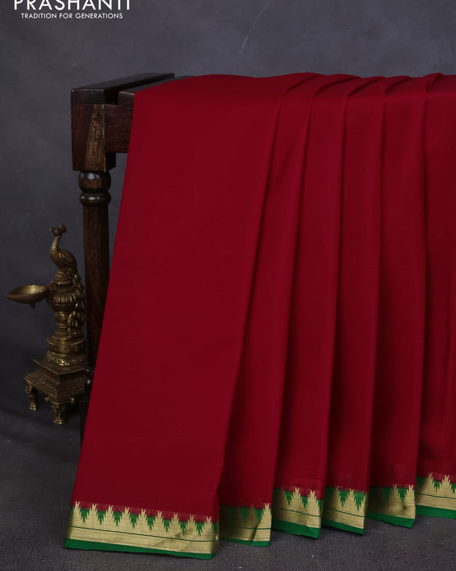 Pure mysore silk saree red and green with plain body and small zari woven border