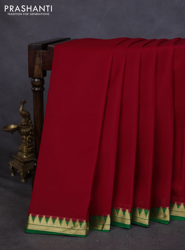 Pure mysore silk saree red and green with plain body and small zari woven border