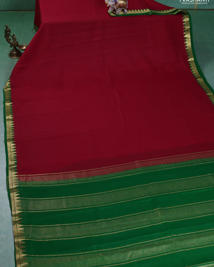 Pure mysore silk saree red and green with plain body and small zari woven border