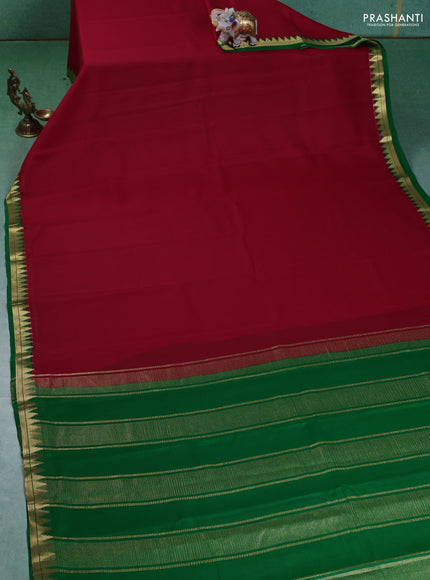 Pure mysore silk saree red and green with plain body and small zari woven border
