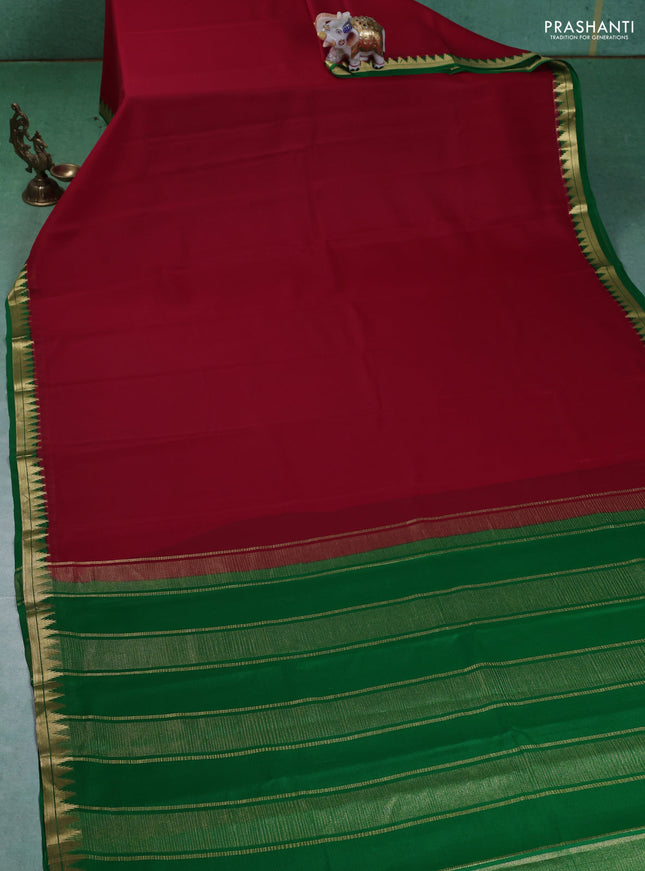 Pure mysore silk saree red and green with plain body and small zari woven border