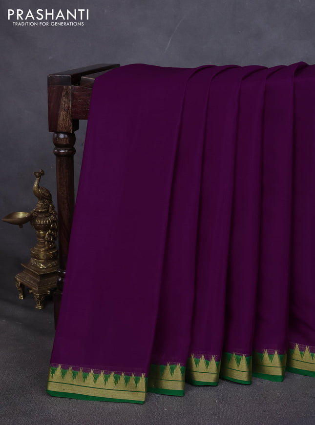 Pure mysore silk saree purple and green with plain body and small zari woven border