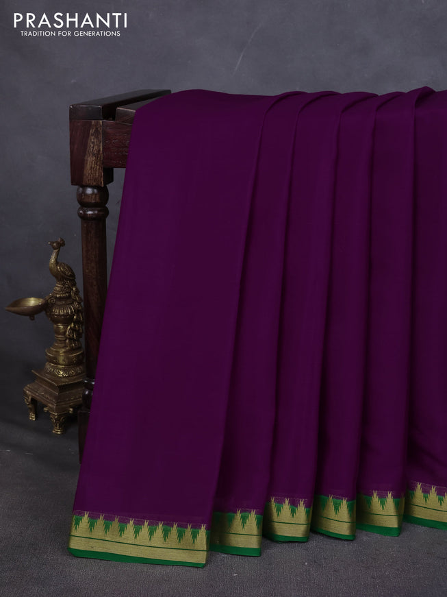 Pure mysore silk saree purple and green with plain body and small zari woven border